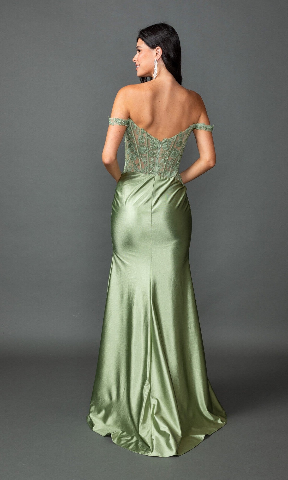 A woman stands facing away, wearing the Dancing Queen 4536 long prom dress in light green, featuring lace details, off-the-shoulder straps, a fitted bodice, and a flowing satin skirt. Set against a gray background.